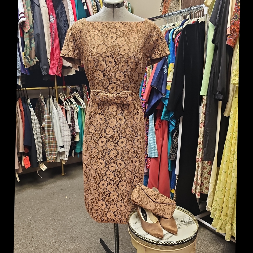 1950s Hand Made Lace Brown Dress With Matching Clutch Jacket And Belt